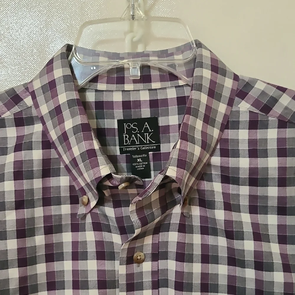 Jos A Bank Men's Purple and Gray Plaid Long Sleeve Button‎ Down Shirt - Size XL
